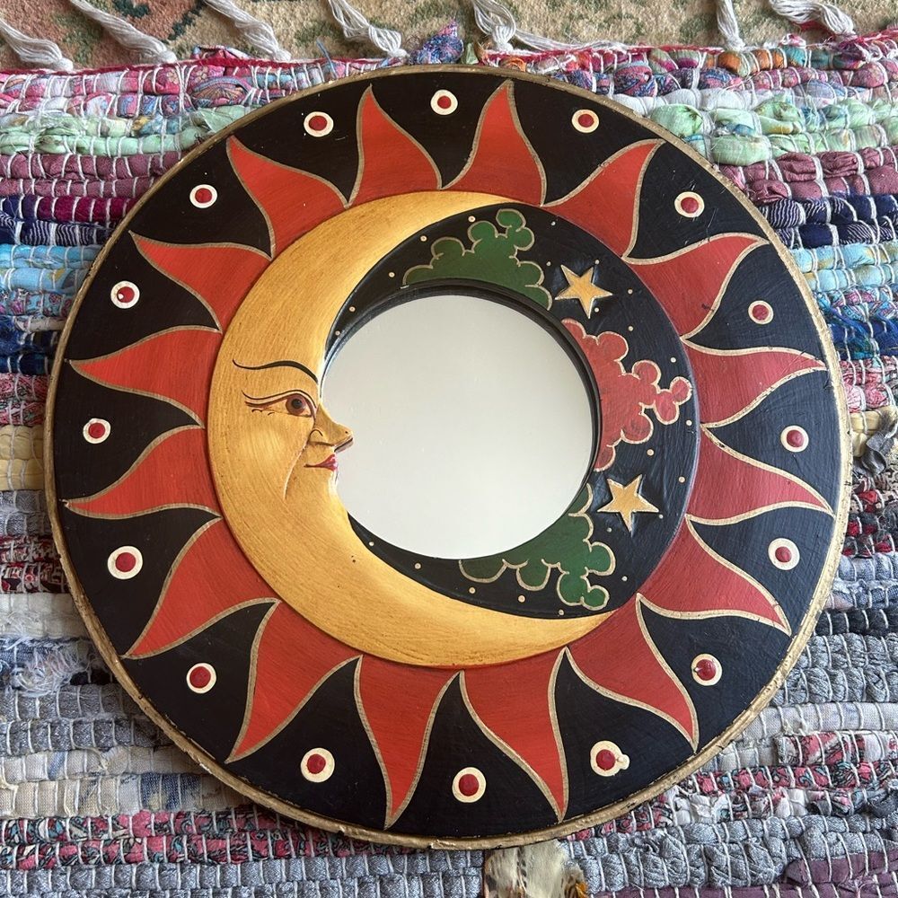 Vintage 90s 11.5" Handcarved Celestial Sun Moon Stars Wall Mirror Indonesia